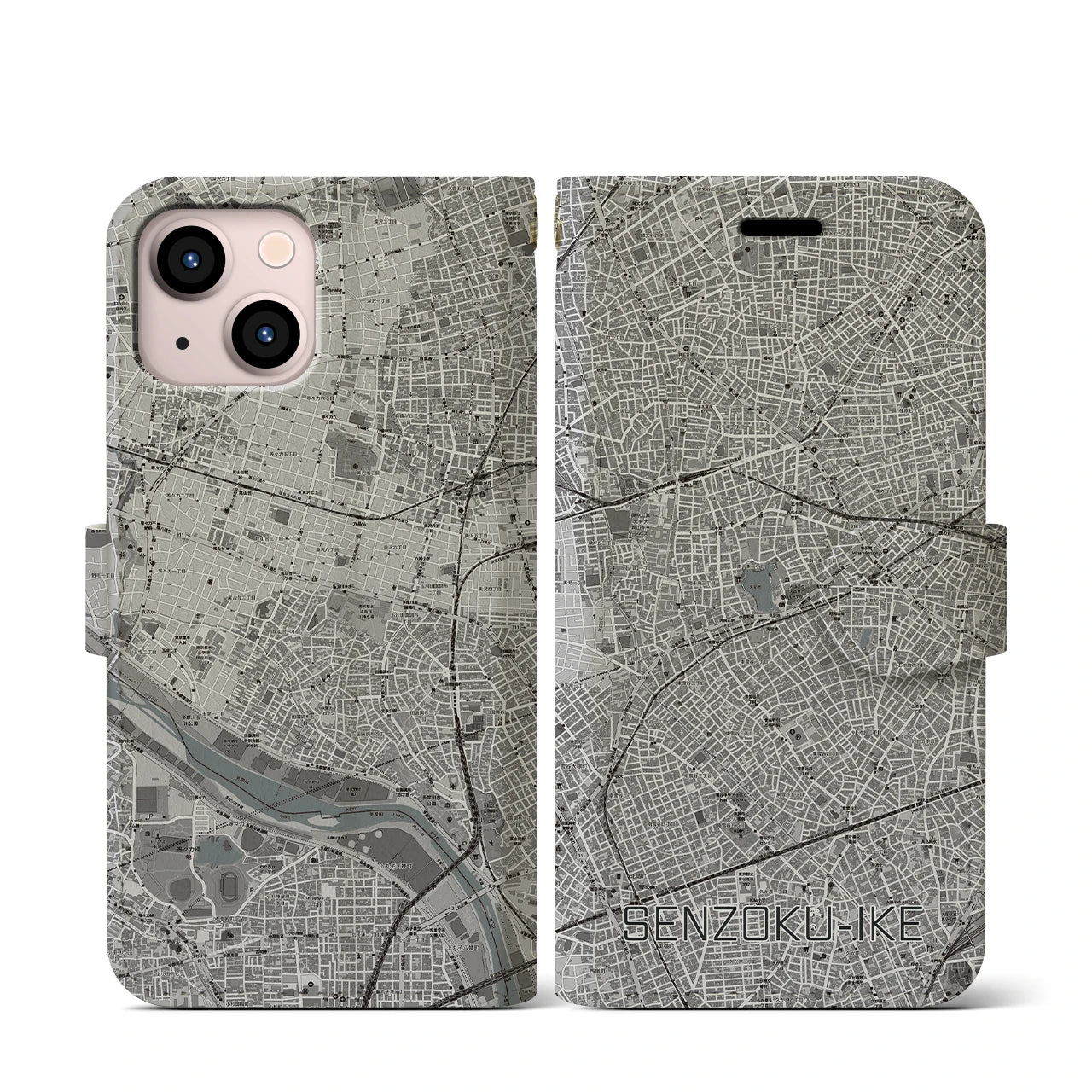 【洗足池(東京都)】地図柄iPhoneケース(手帳タイプ)モノトーン・iPhone 13 mini 用