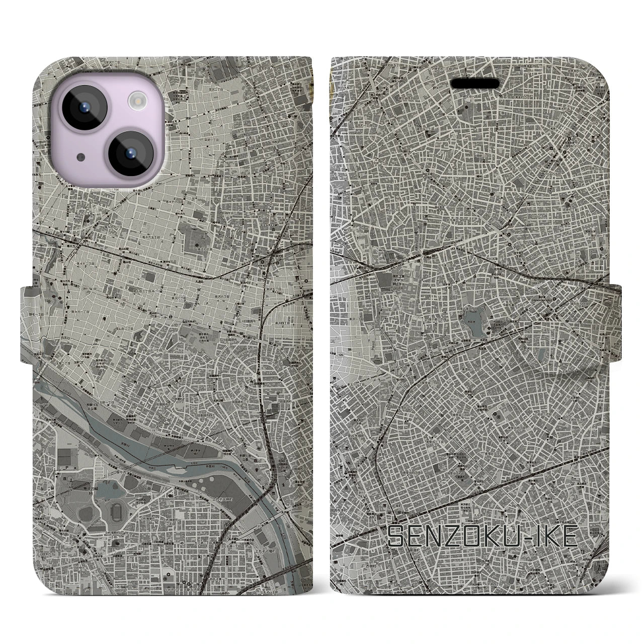 【洗足池(東京都)】地図柄iPhoneケース(手帳タイプ)モノトーン・iPhone 14 用
