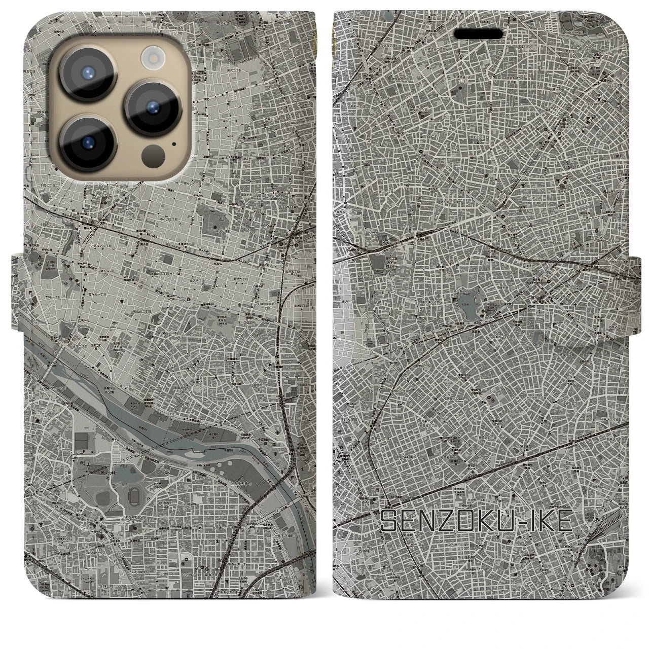 【洗足池(東京都)】地図柄iPhoneケース(手帳タイプ)モノトーン・iPhone 14 Pro Max 用