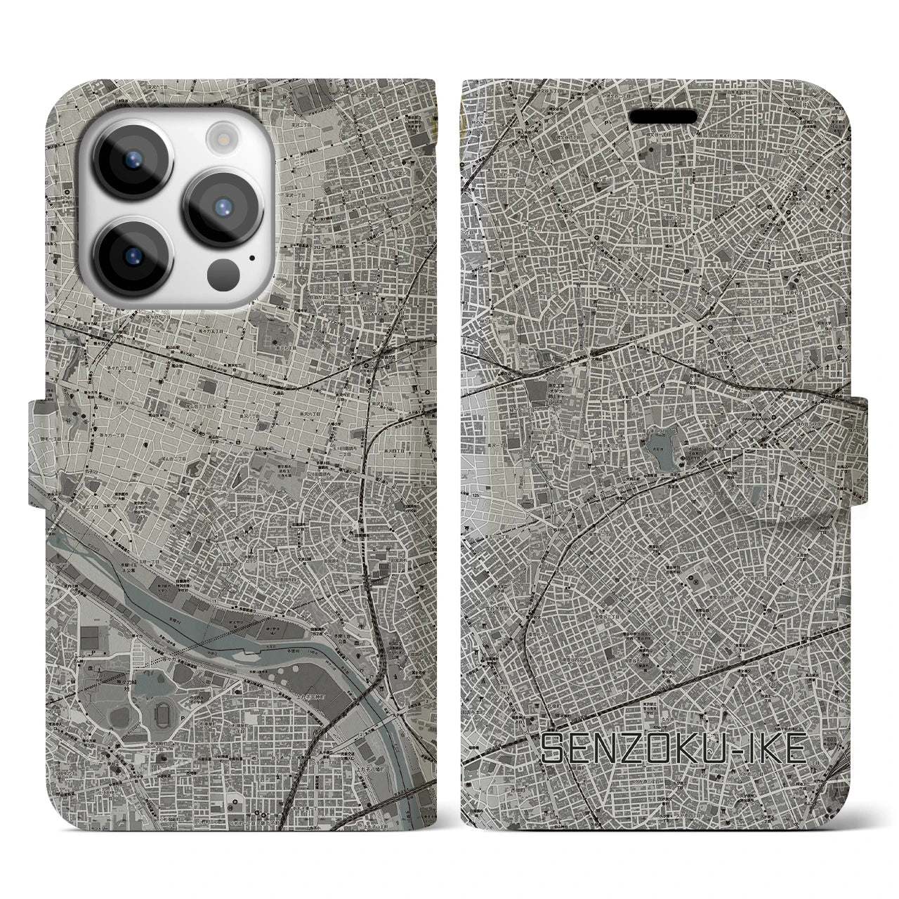 【洗足池(東京都)】地図柄iPhoneケース(手帳タイプ)モノトーン・iPhone 14 Pro 用