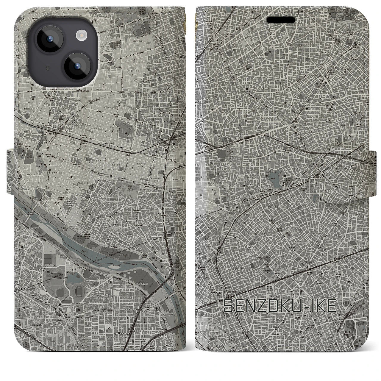 【洗足池(東京都)】地図柄iPhoneケース(手帳タイプ)モノトーン・iPhone 14 Plus 用