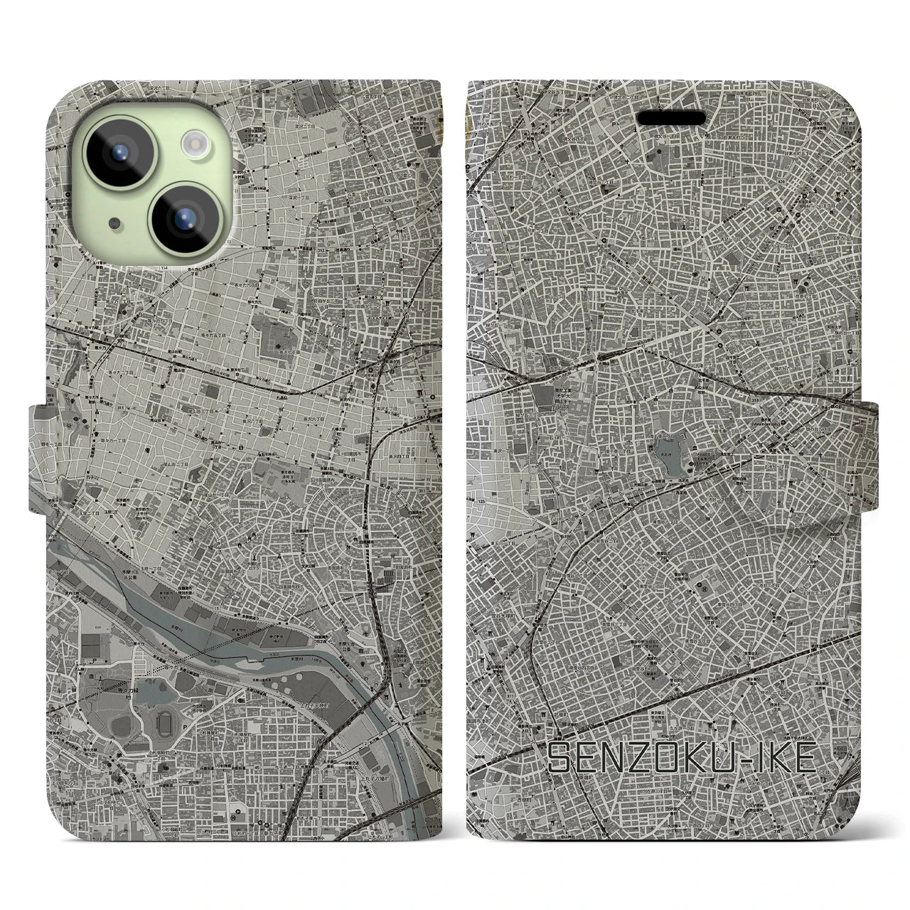 【洗足池(東京都)】地図柄iPhoneケース(手帳タイプ)モノトーン・iPhone 15 用