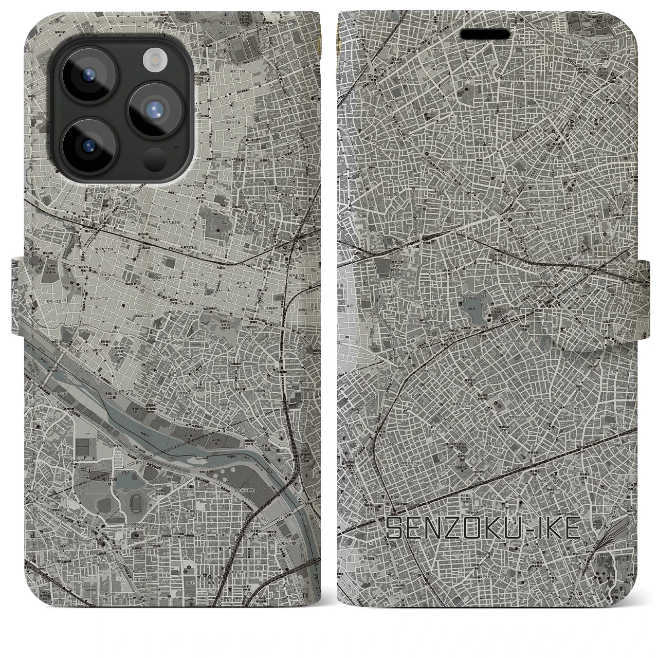 【洗足池(東京都)】地図柄iPhoneケース(手帳タイプ)モノトーン・iPhone 15 Pro Max 用