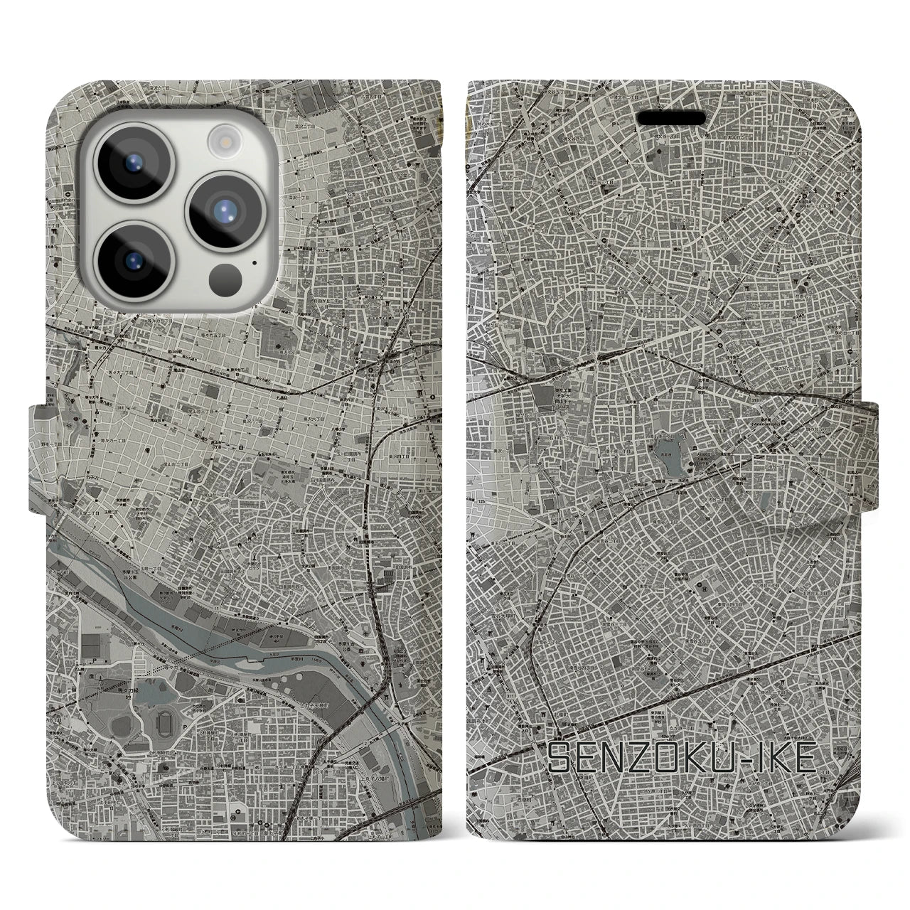 【洗足池(東京都)】地図柄iPhoneケース(手帳タイプ)モノトーン・iPhone 15 Pro 用