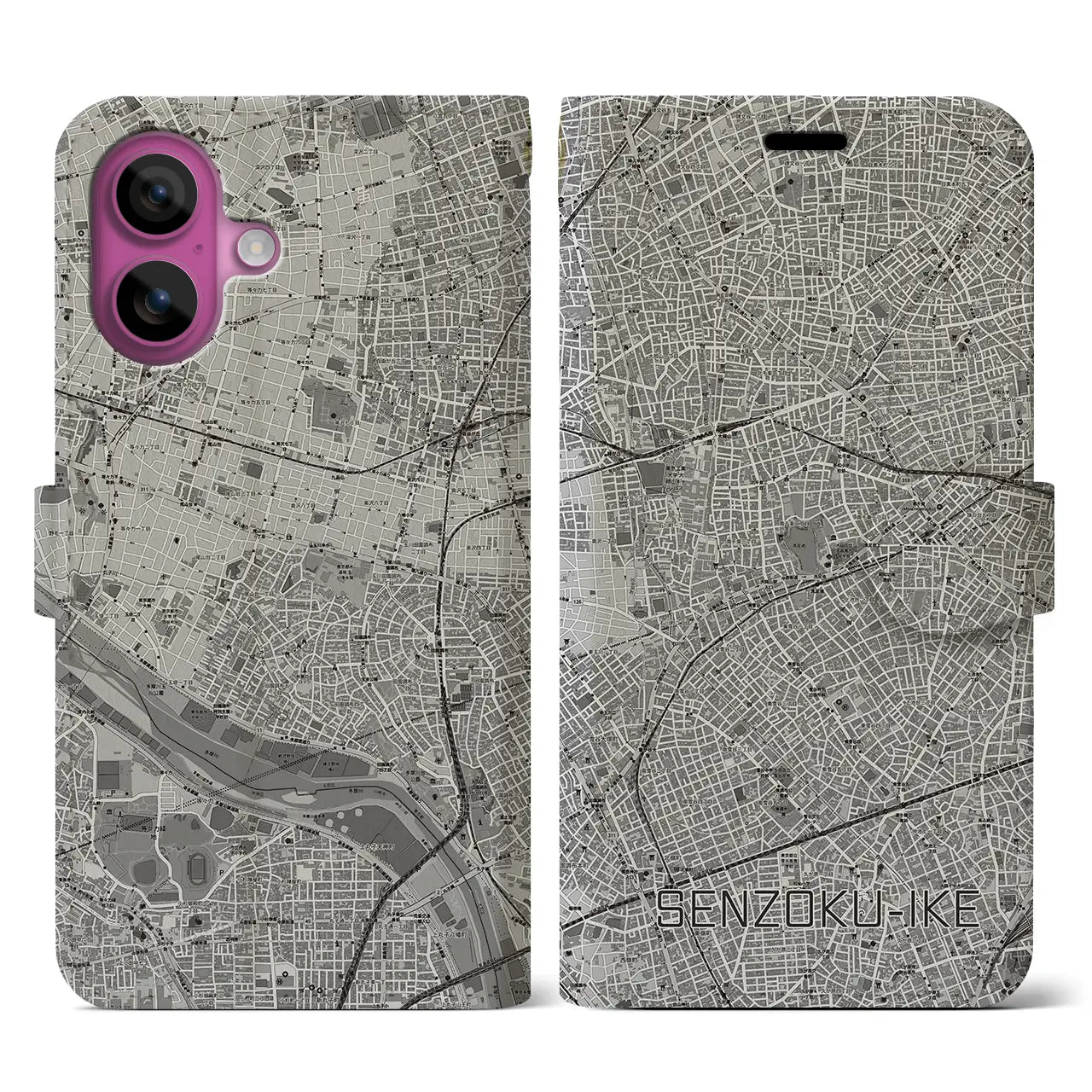 【洗足池(東京都)】地図柄iPhoneケース(手帳タイプ)モノトーン・iPhone 16 Pro 用