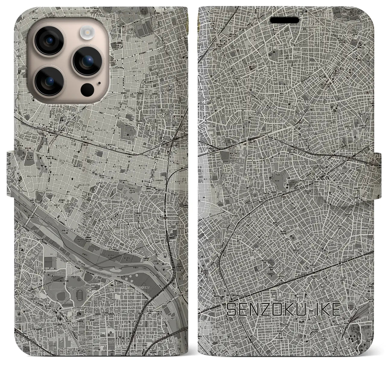 【洗足池(東京都)】地図柄iPhoneケース(手帳タイプ)モノトーン・iPhone 16 Plus 用