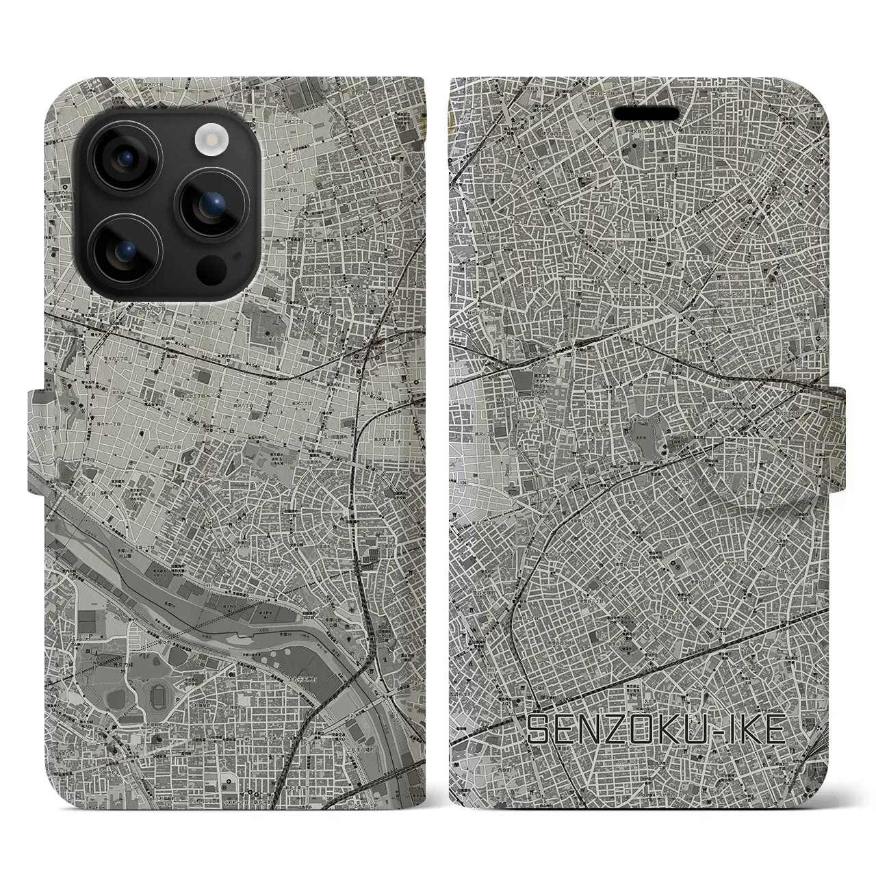 【洗足池(東京都)】地図柄iPhoneケース(手帳タイプ)モノトーン・iPhone 16 用
