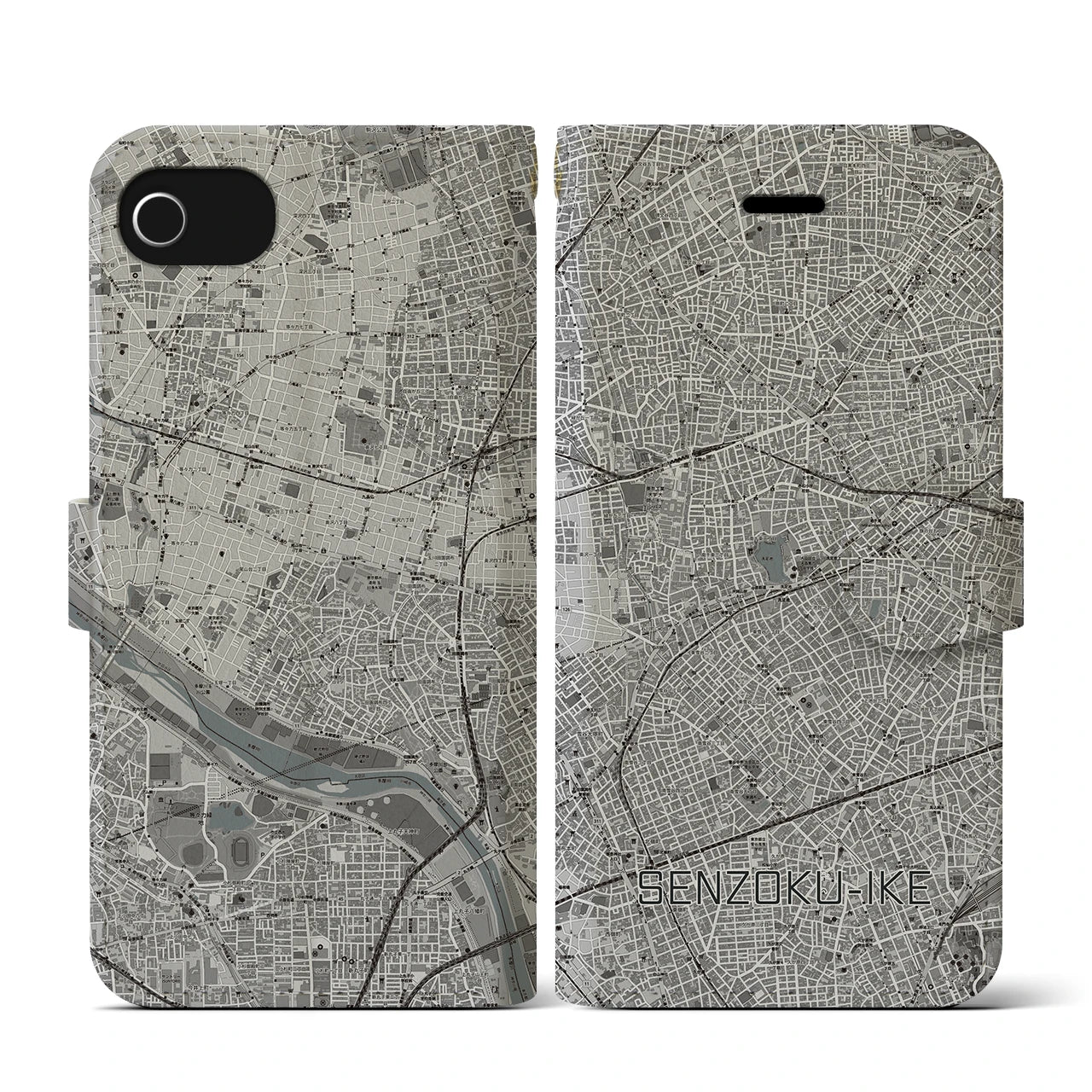 【洗足池(東京都)】地図柄iPhoneケース(手帳タイプ)モノトーン・iPhone SE(第3 / 第2世代) / 8 / 7 / 6s / 6 用