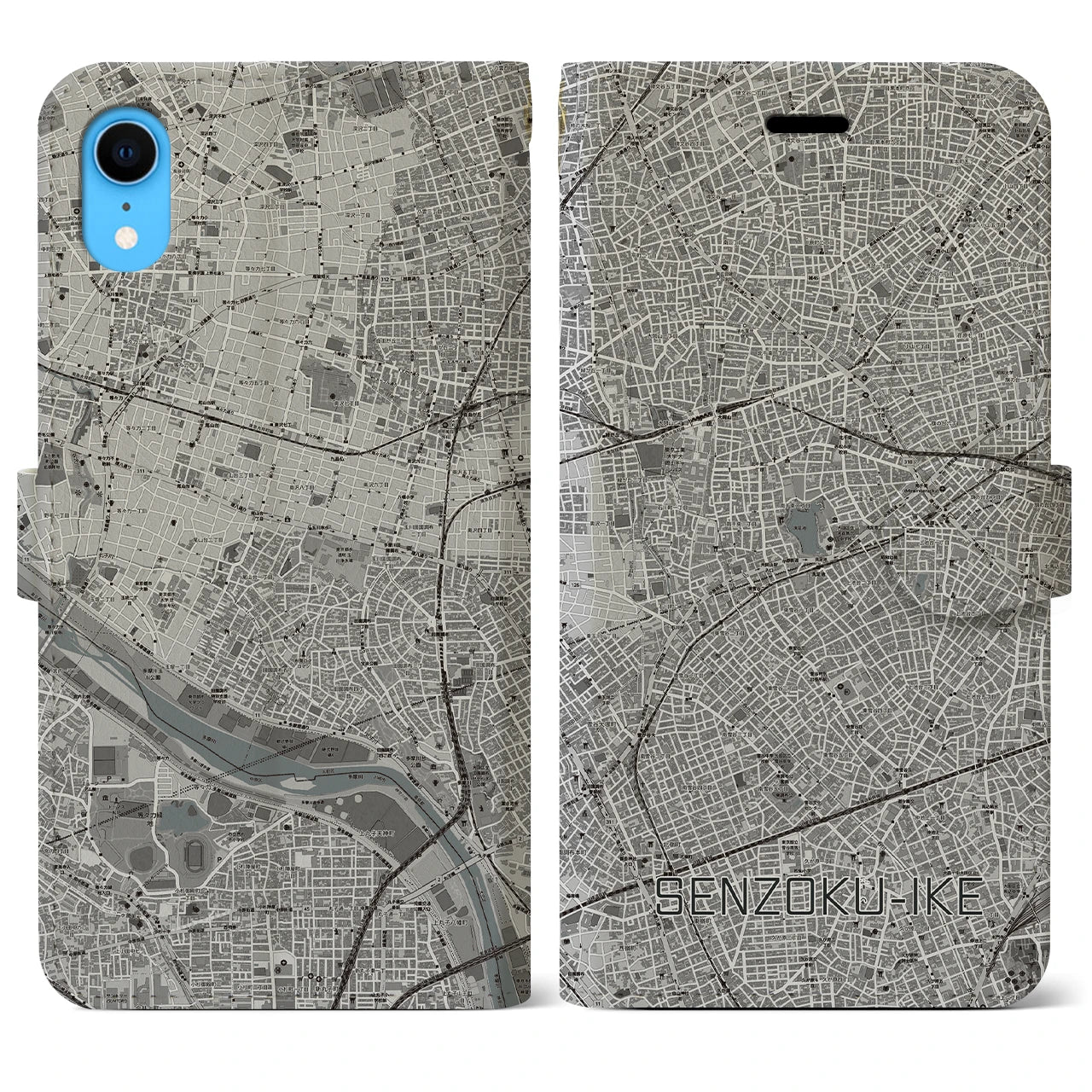 【洗足池(東京都)】地図柄iPhoneケース(手帳タイプ)モノトーン・iPhone XR 用