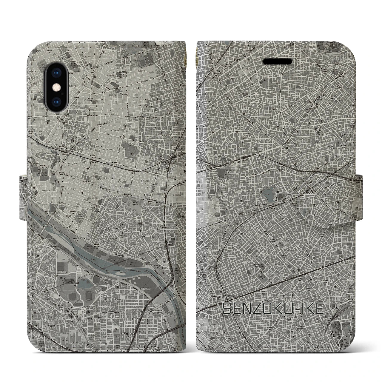 【洗足池(東京都)】地図柄iPhoneケース(手帳タイプ)モノトーン・iPhone XS / X 用