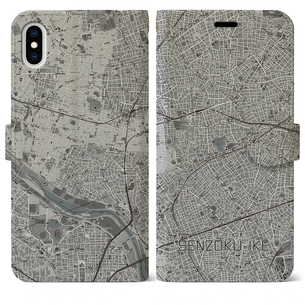 【洗足池(東京都)】地図柄iPhoneケース(手帳タイプ)モノトーン・iPhone XS Max 用