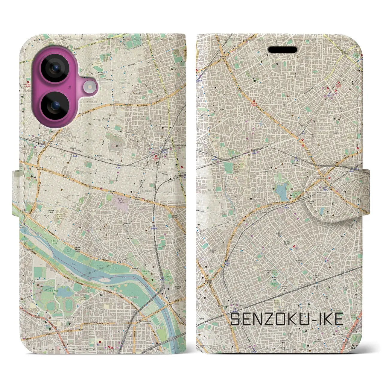 【洗足池(東京都)】地図柄iPhoneケース(手帳タイプ)ナチュラル・iPhone 16 Pro 用
