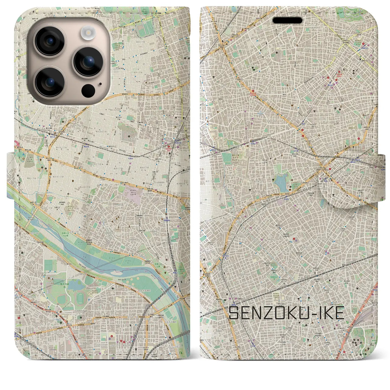 【洗足池(東京都)】地図柄iPhoneケース(手帳タイプ)ナチュラル・iPhone 16 Plus 用