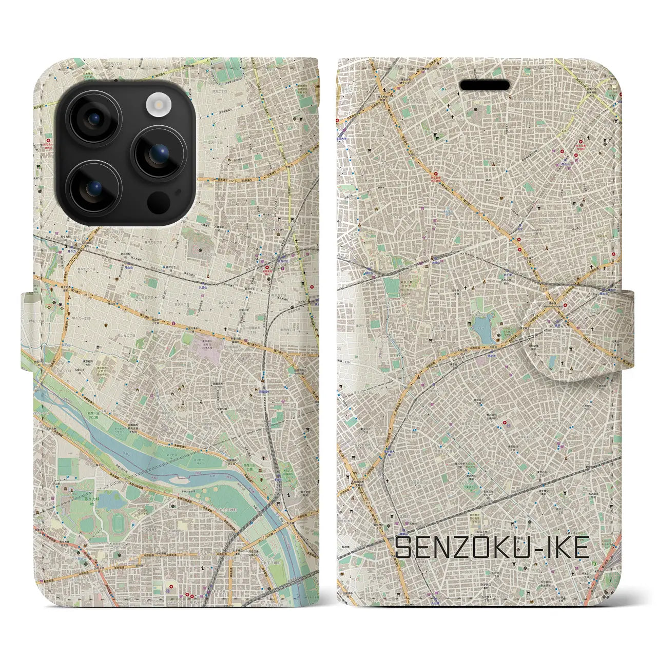 【洗足池(東京都)】地図柄iPhoneケース(手帳タイプ)ナチュラル・iPhone 16 用