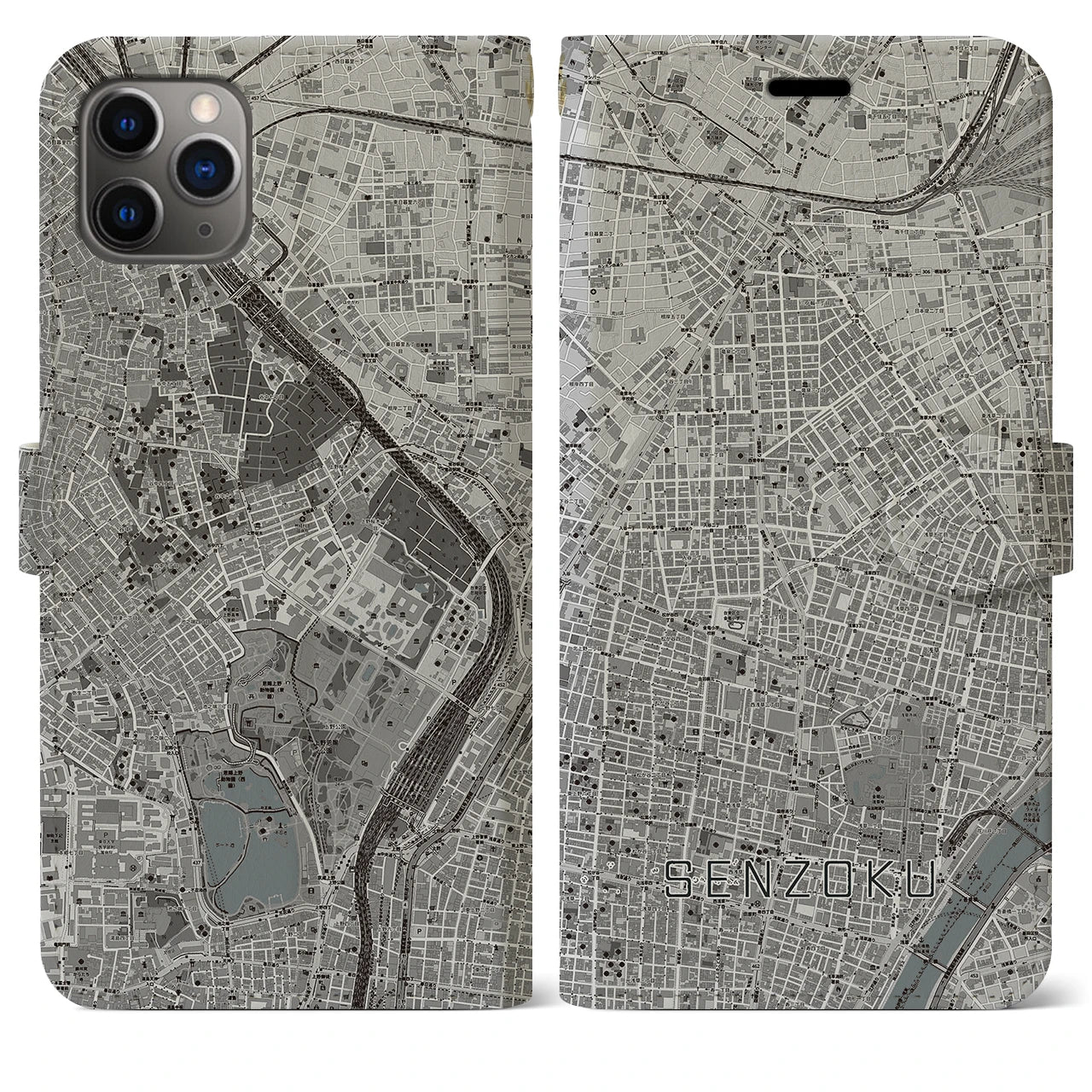 【千束(東京都)】地図柄iPhoneケース(手帳タイプ)モノトーン・iPhone 11 Pro Max 用