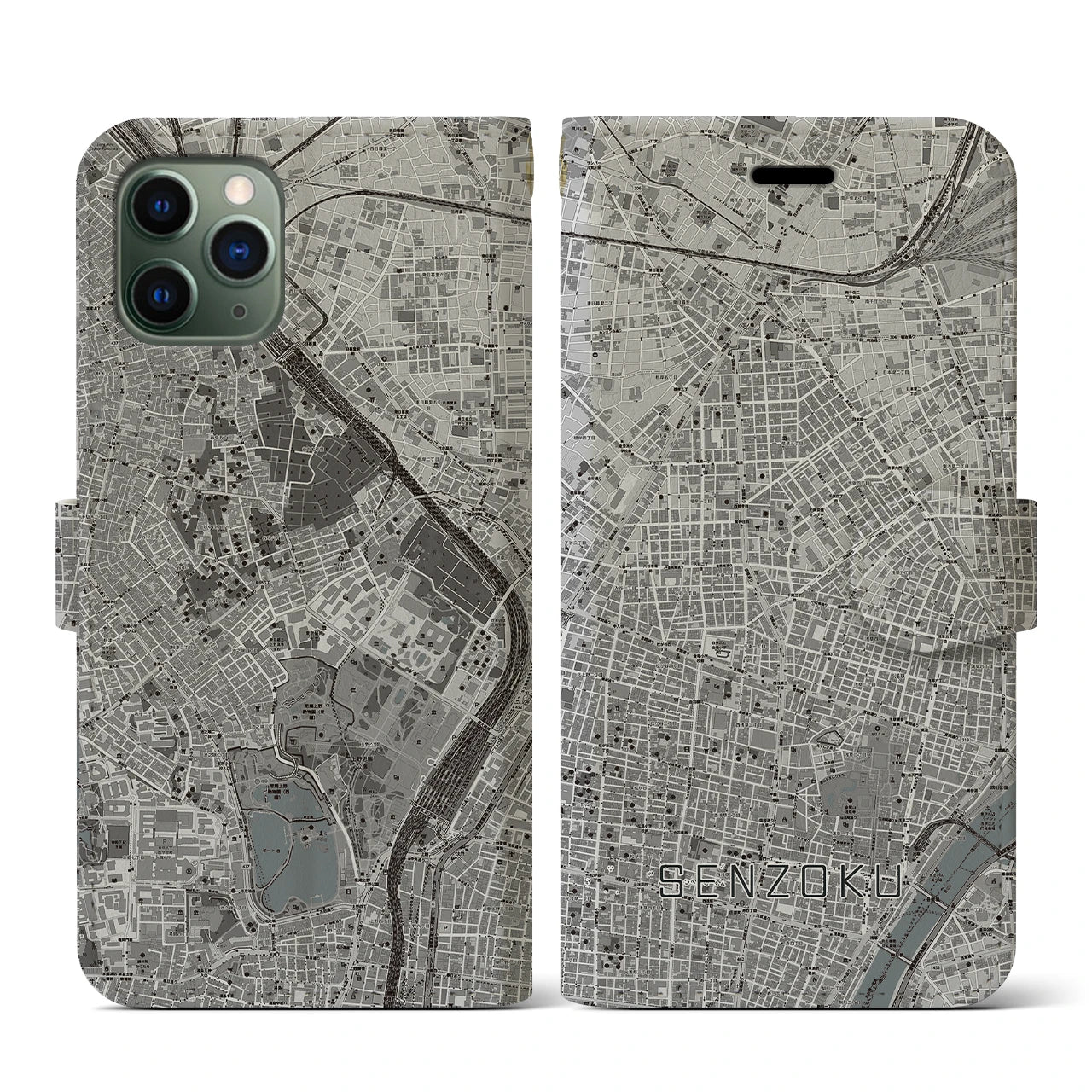 【千束(東京都)】地図柄iPhoneケース(手帳タイプ)モノトーン・iPhone 11 Pro 用