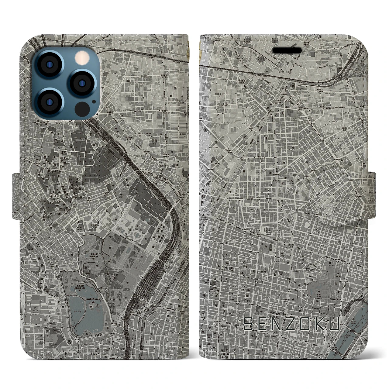 【千束(東京都)】地図柄iPhoneケース(手帳タイプ)モノトーン・iPhone 12 / 12 Pro 用