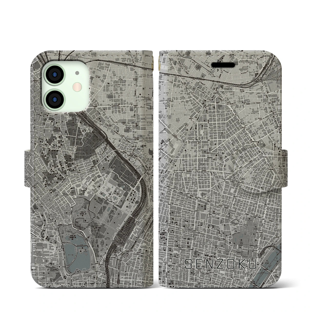 【千束(東京都)】地図柄iPhoneケース(手帳タイプ)モノトーン・iPhone 12 mini 用