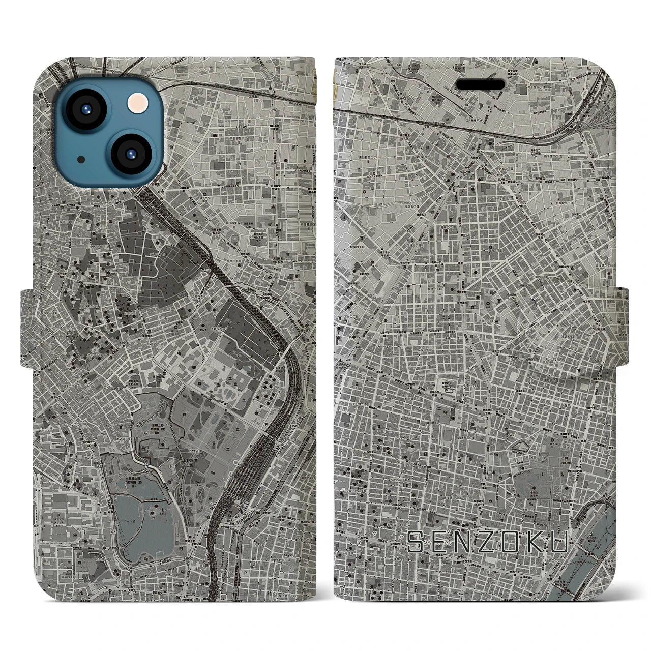 【千束(東京都)】地図柄iPhoneケース(手帳タイプ)モノトーン・iPhone 13 用