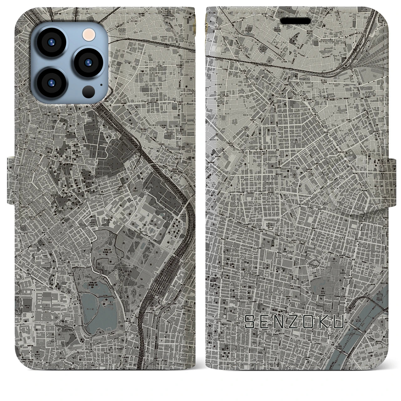 【千束(東京都)】地図柄iPhoneケース(手帳タイプ)モノトーン・iPhone 13 Pro Max 用