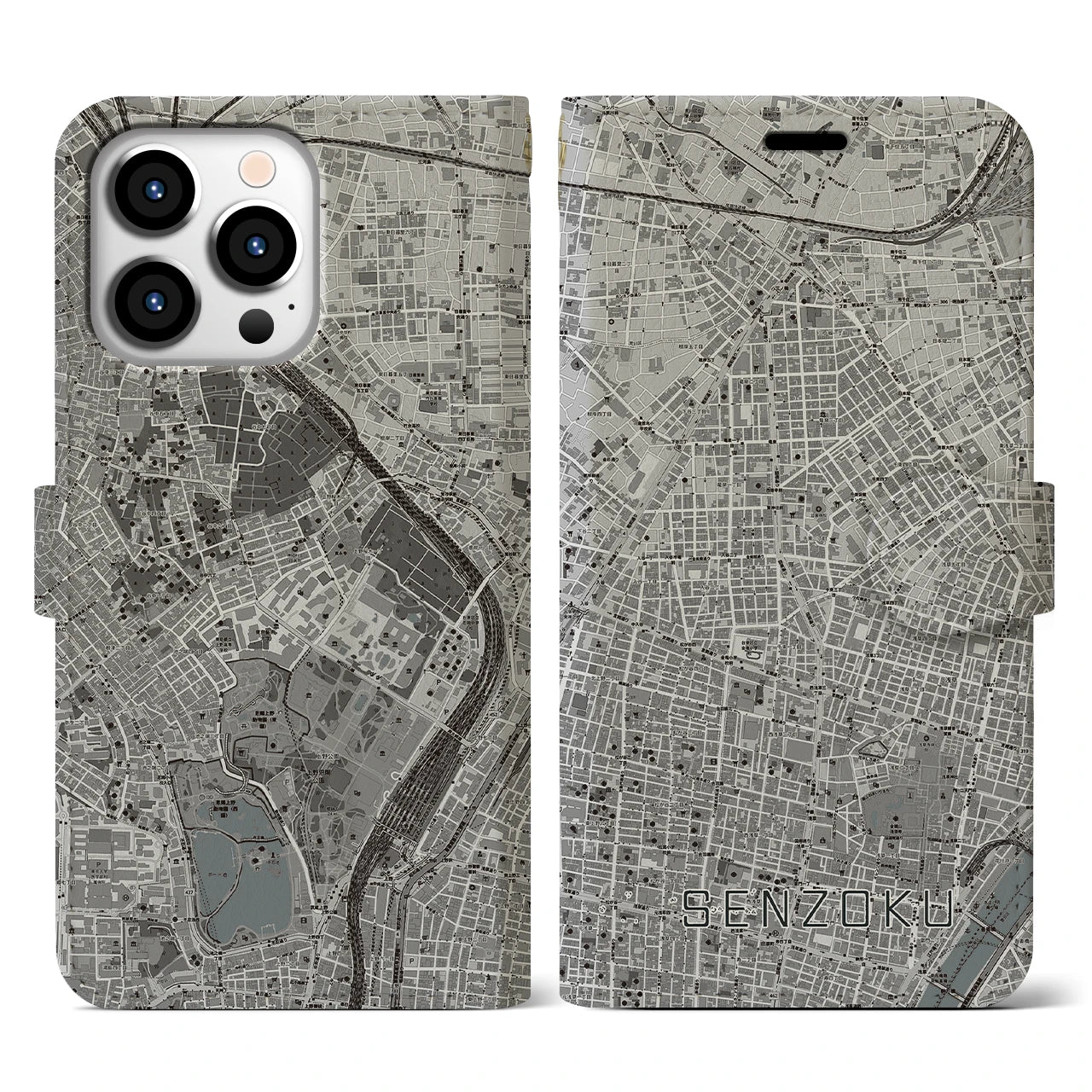 【千束(東京都)】地図柄iPhoneケース(手帳タイプ)モノトーン・iPhone 13 Pro 用