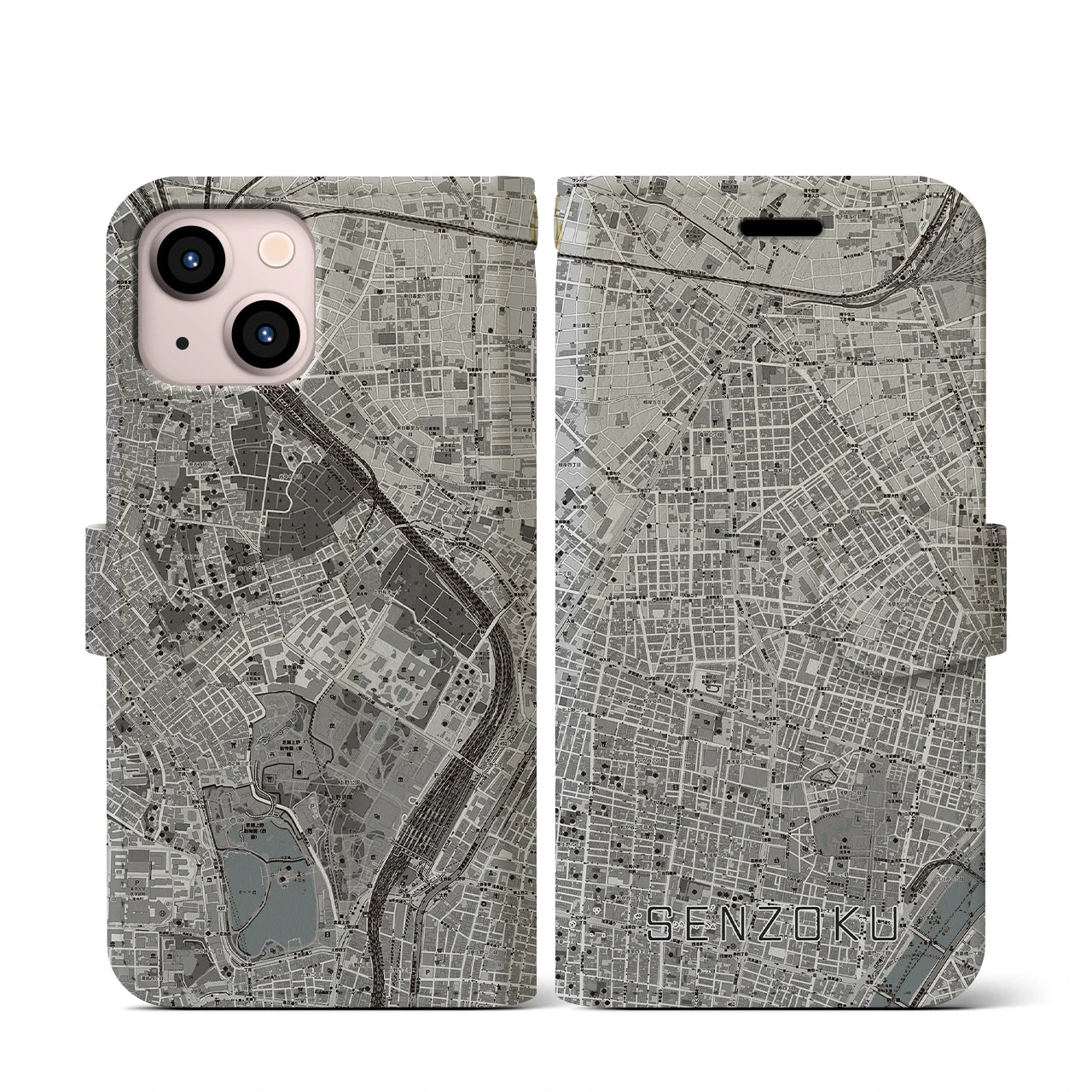 【千束(東京都)】地図柄iPhoneケース(手帳タイプ)モノトーン・iPhone 13 mini 用