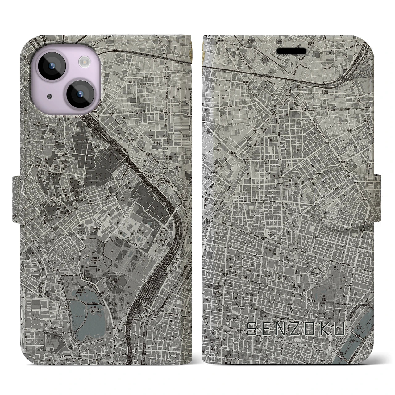 【千束(東京都)】地図柄iPhoneケース(手帳タイプ)モノトーン・iPhone 14 用