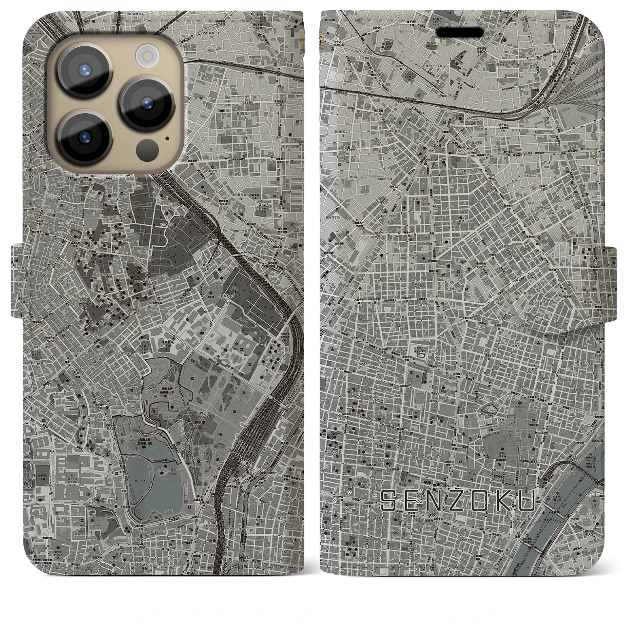 【千束(東京都)】地図柄iPhoneケース(手帳タイプ)モノトーン・iPhone 14 Pro Max 用