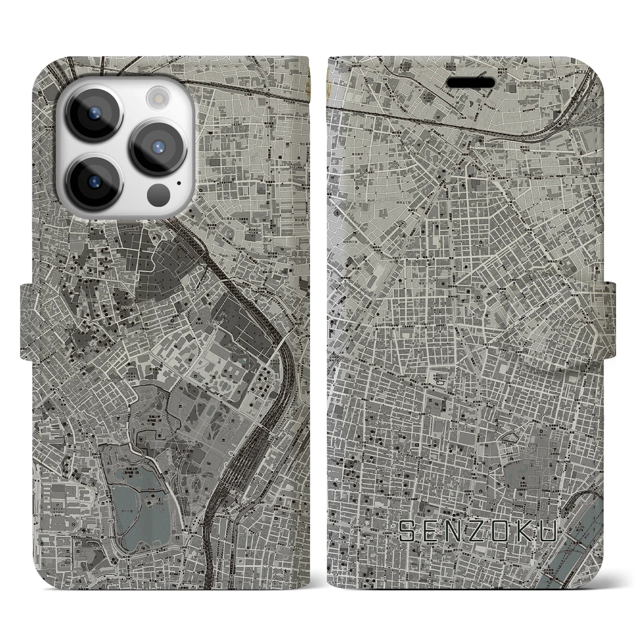 【千束(東京都)】地図柄iPhoneケース(手帳タイプ)モノトーン・iPhone 14 Pro 用