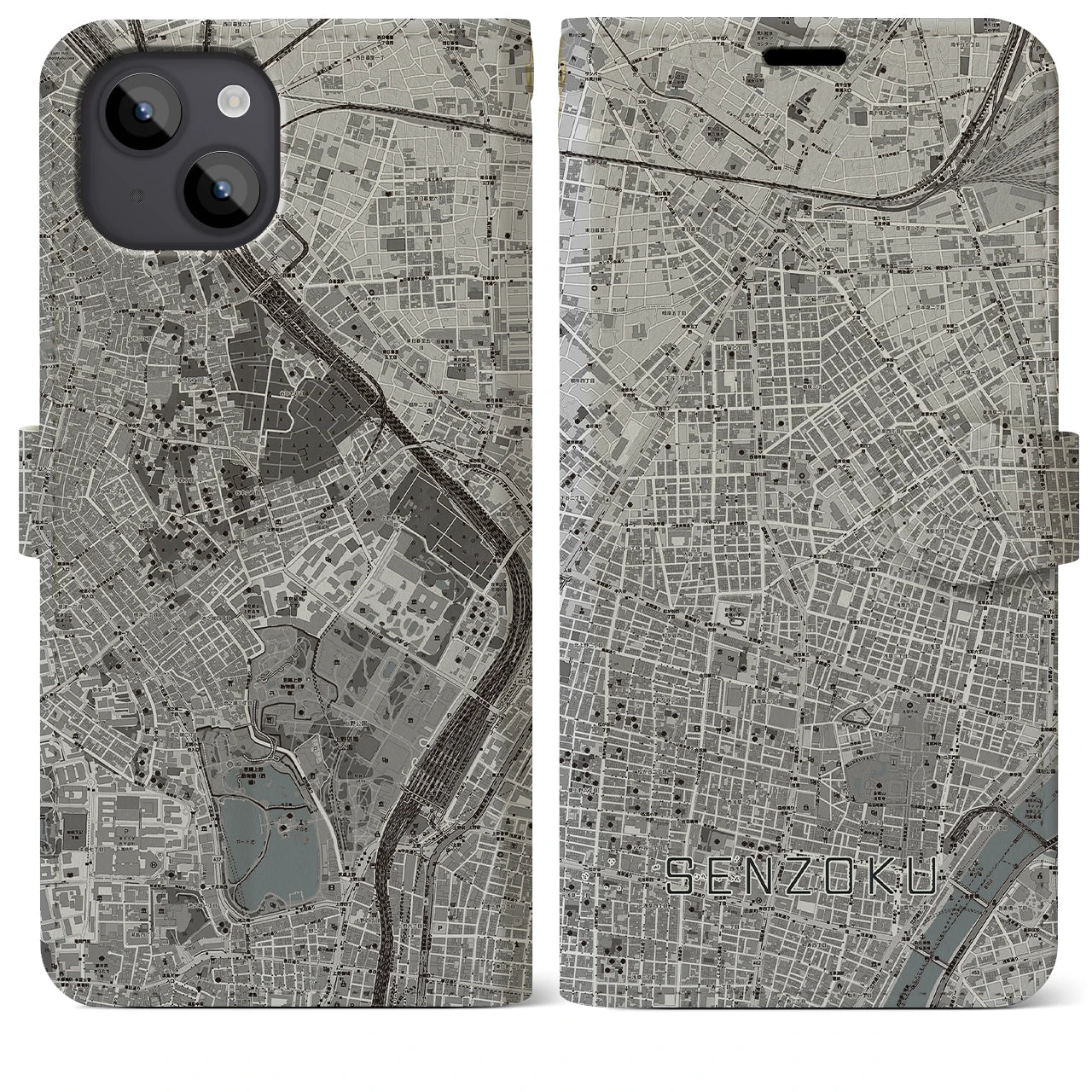 【千束(東京都)】地図柄iPhoneケース(手帳タイプ)モノトーン・iPhone 14 Plus 用