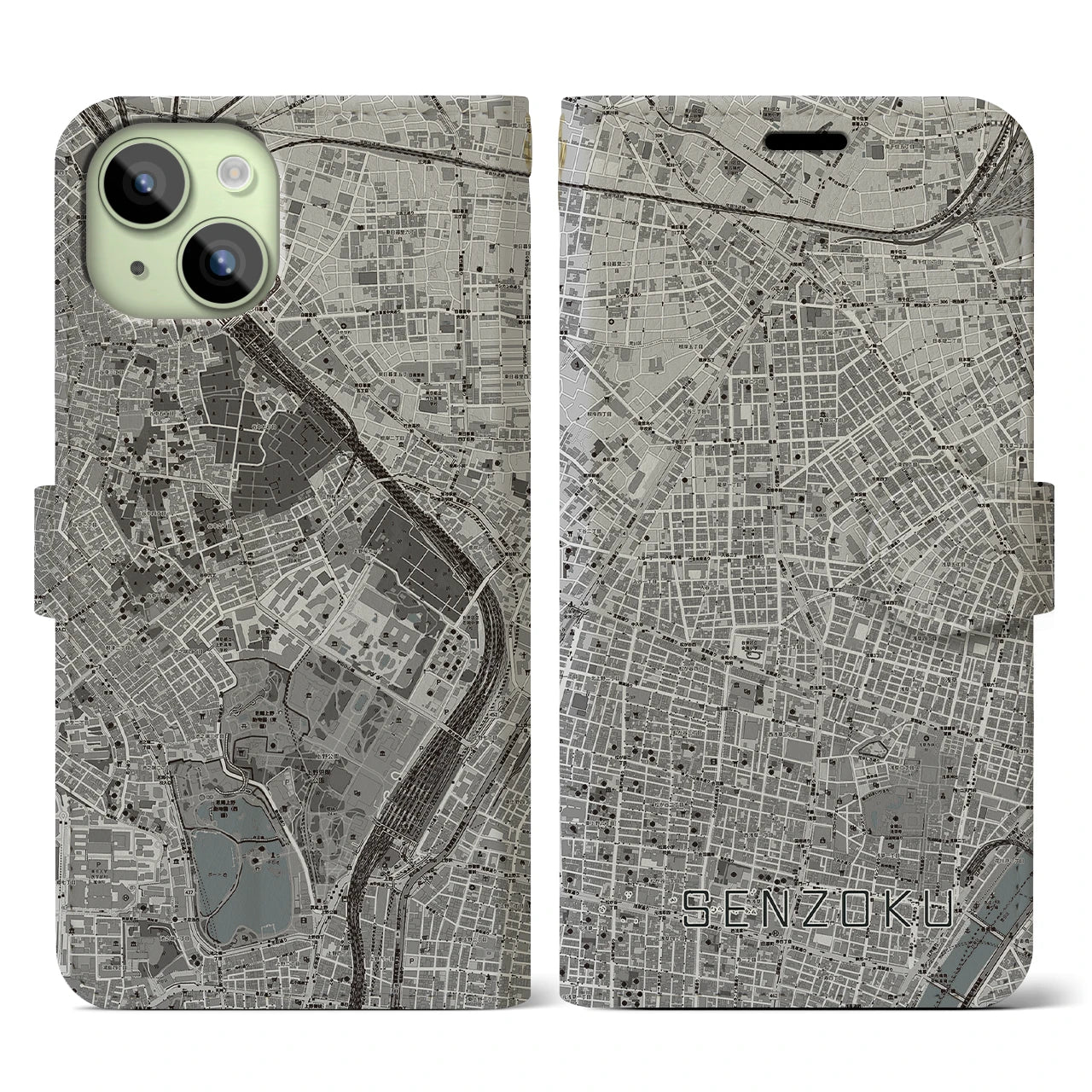 【千束(東京都)】地図柄iPhoneケース(手帳タイプ)モノトーン・iPhone 15 用