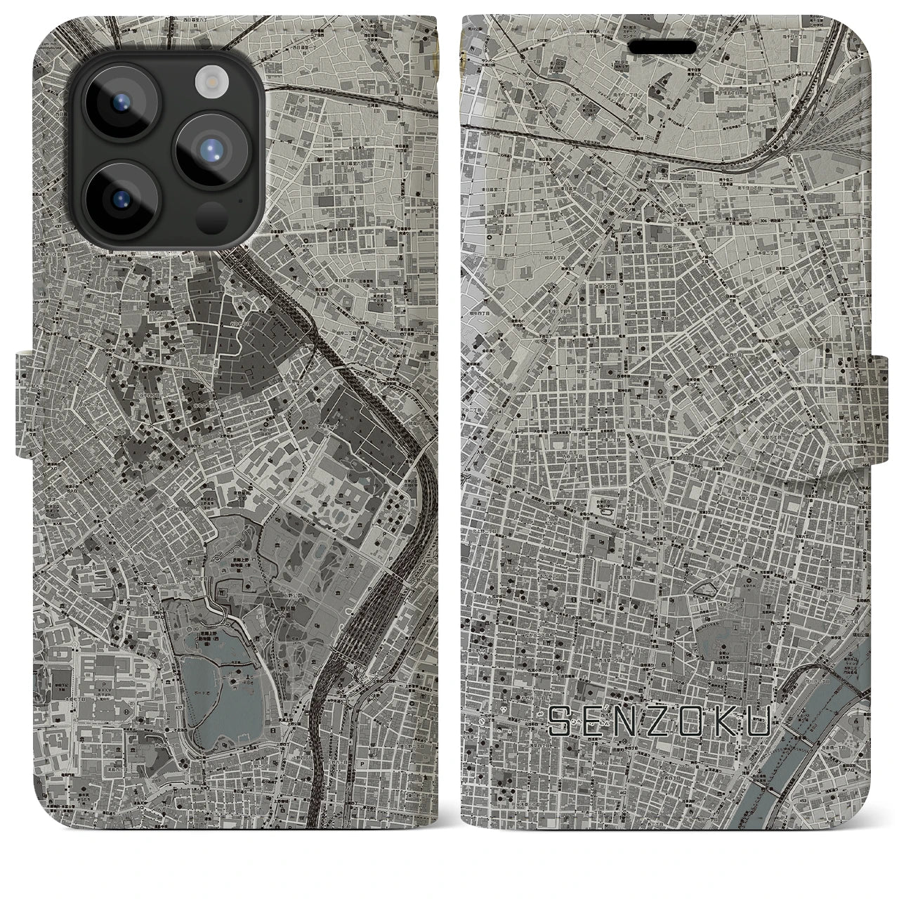 【千束(東京都)】地図柄iPhoneケース(手帳タイプ)モノトーン・iPhone 15 Pro Max 用