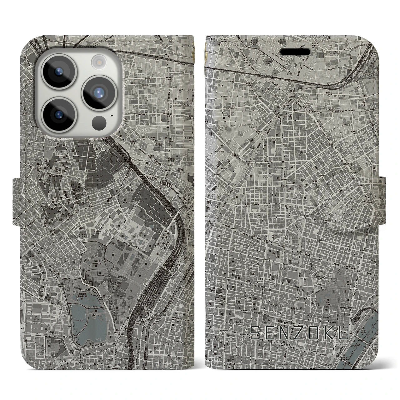 【千束(東京都)】地図柄iPhoneケース(手帳タイプ)モノトーン・iPhone 15 Pro 用