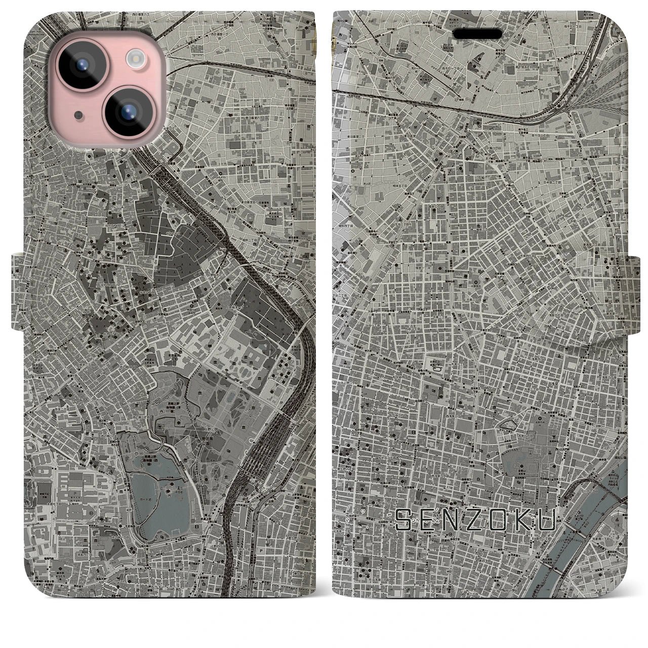 【千束(東京都)】地図柄iPhoneケース(手帳タイプ)モノトーン・iPhone 15 Plus 用