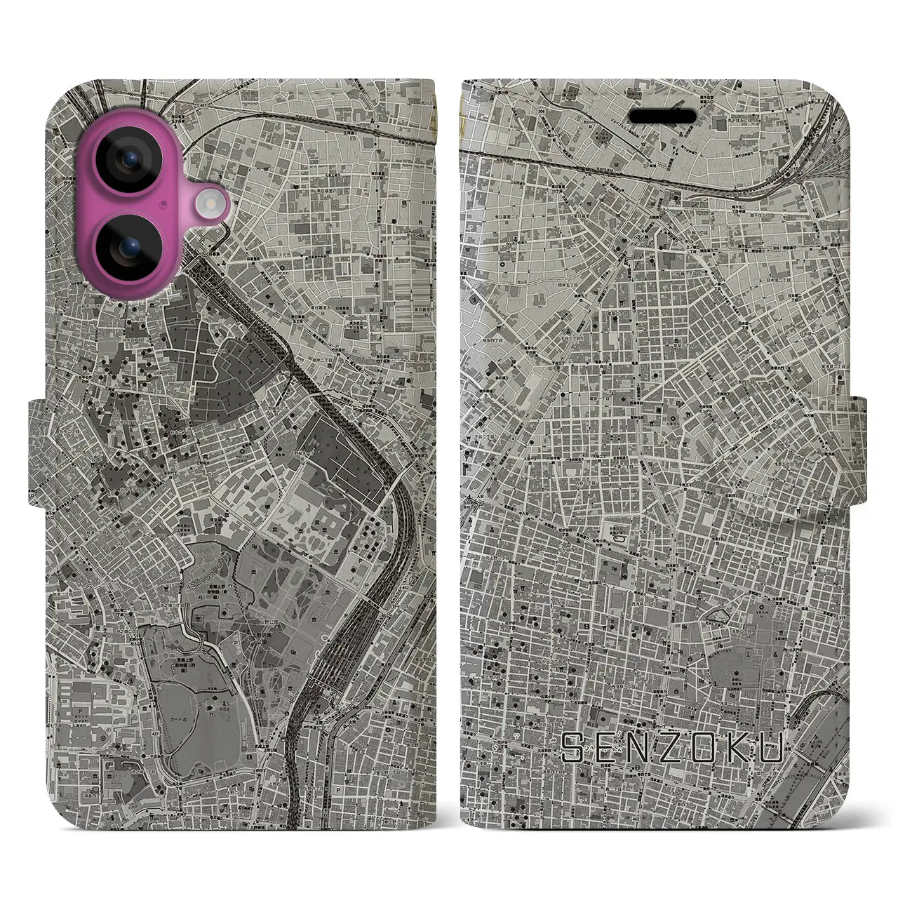 【千束(東京都)】地図柄iPhoneケース(手帳タイプ)モノトーン・iPhone 16 Pro 用