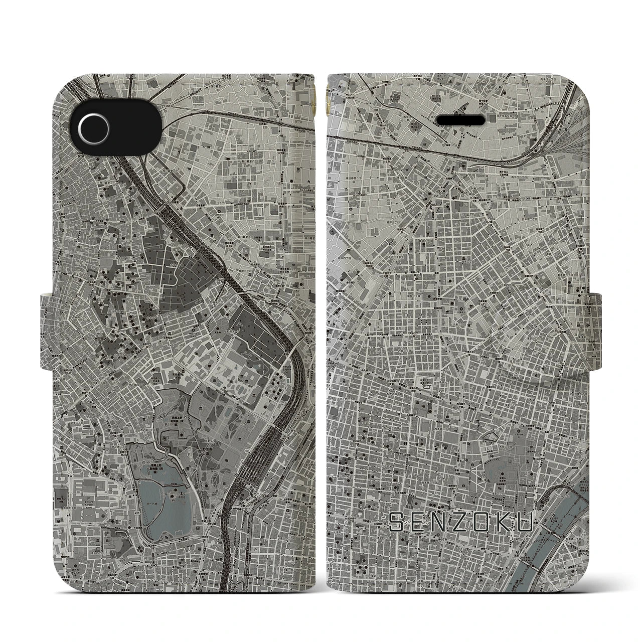 【千束(東京都)】地図柄iPhoneケース(手帳タイプ)モノトーン・iPhone SE(第3 / 第2世代) / 8 / 7 / 6s / 6 用