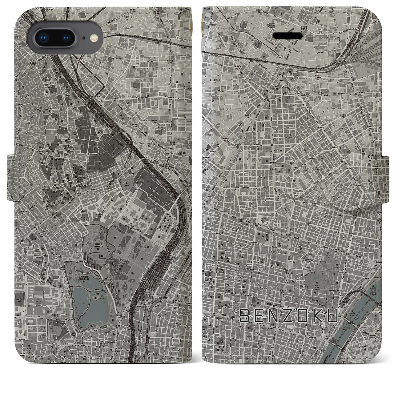 【千束(東京都)】地図柄iPhoneケース(手帳タイプ)モノトーン・iPhone 8Plus /7Plus / 6sPlus / 6Plus 用