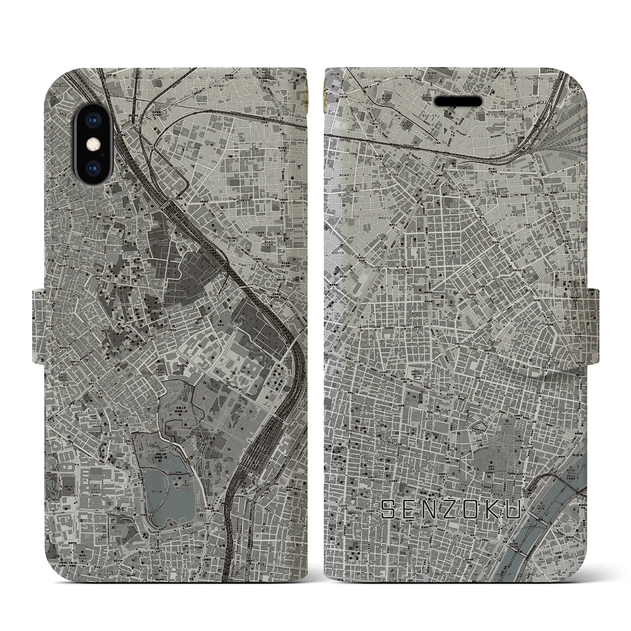 【千束(東京都)】地図柄iPhoneケース(手帳タイプ)モノトーン・iPhone XS / X 用