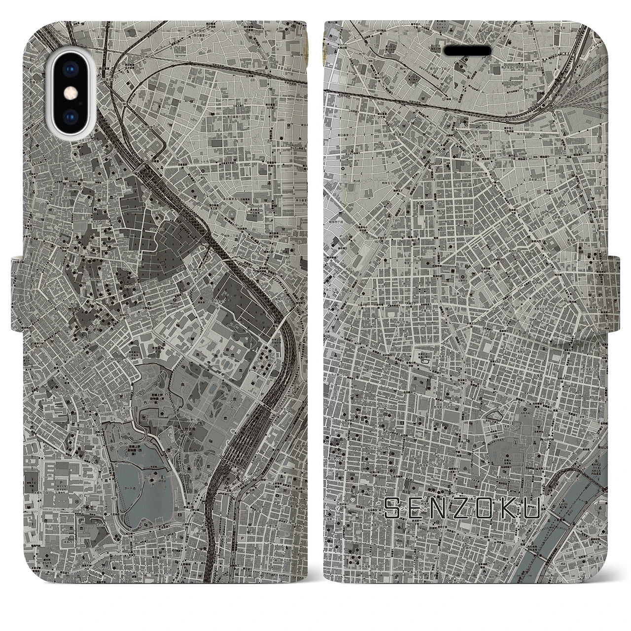 【千束(東京都)】地図柄iPhoneケース(手帳タイプ)モノトーン・iPhone XS Max 用