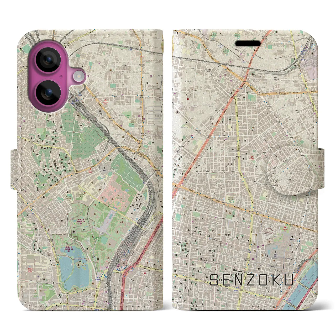 【千束(東京都)】地図柄iPhoneケース(手帳タイプ)ナチュラル・iPhone 16 Pro 用