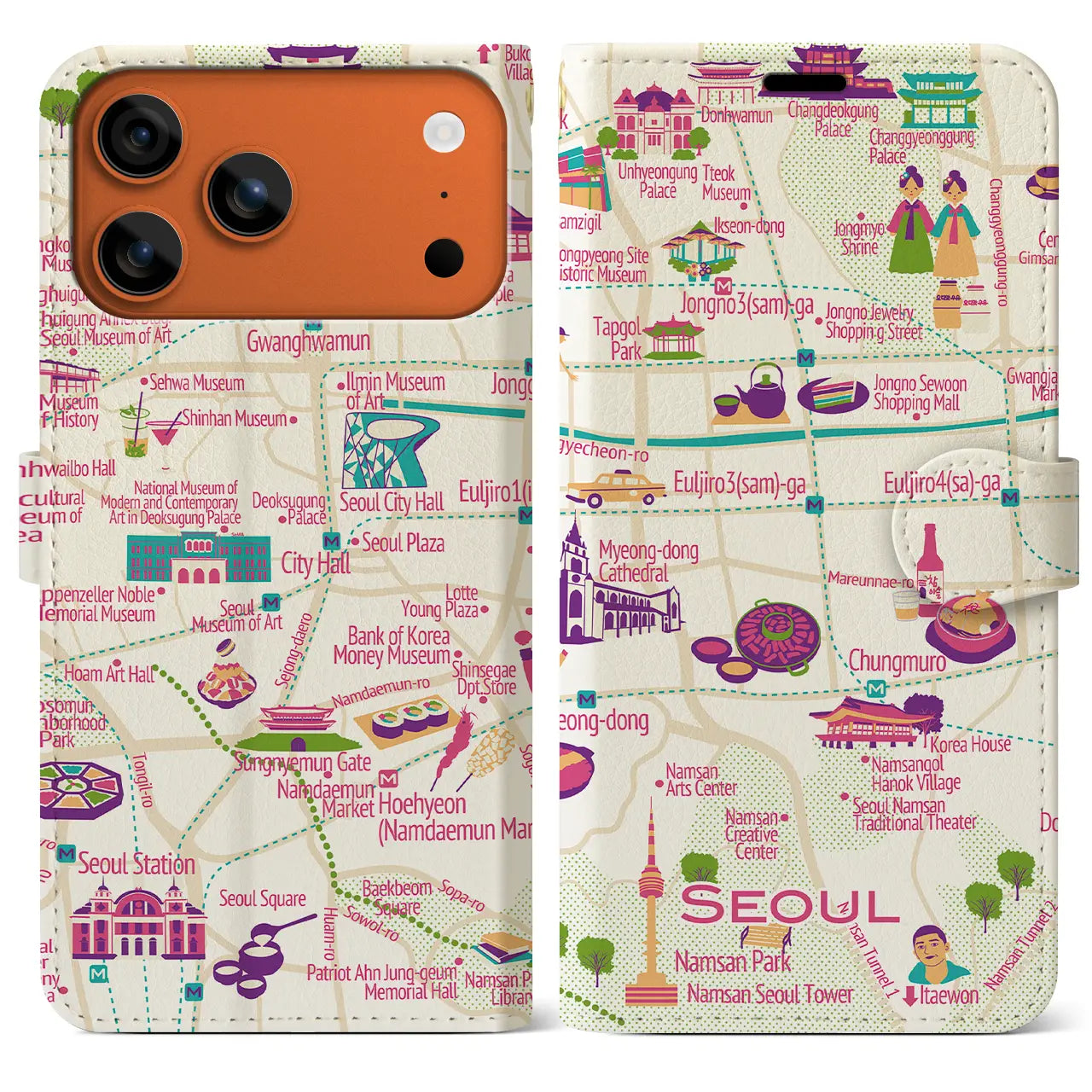 【ソウル】イラストマップiPhoneケース(手帳タイプ)
