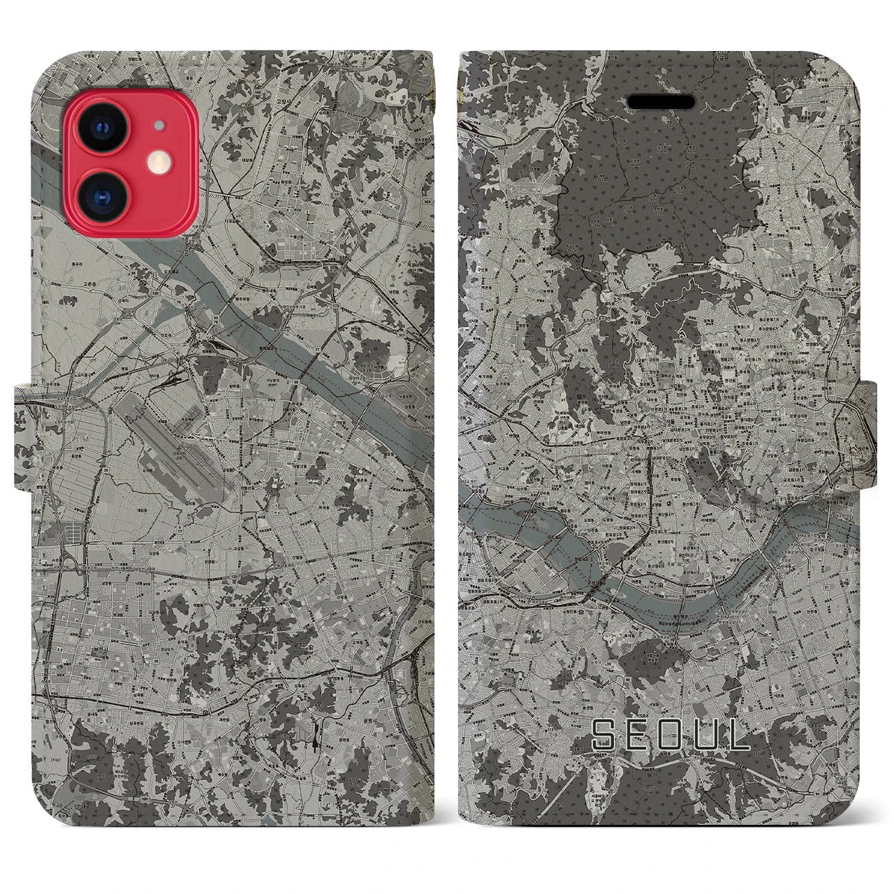 【ソウル(韓国)】地図柄iPhoneケース(手帳タイプ)モノトーン・iPhone 11 用