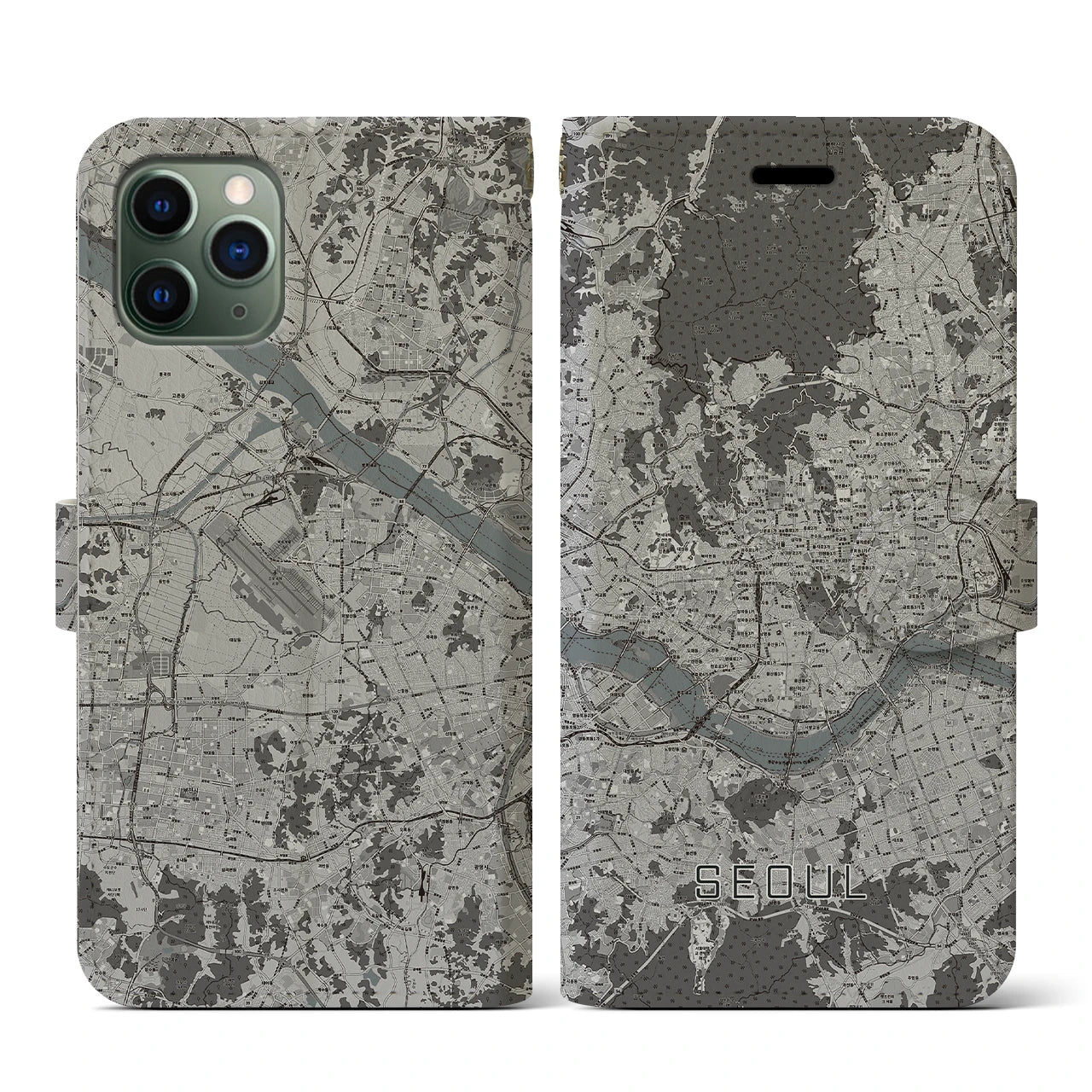 【ソウル(韓国)】地図柄iPhoneケース(手帳タイプ)モノトーン・iPhone 11 Pro 用