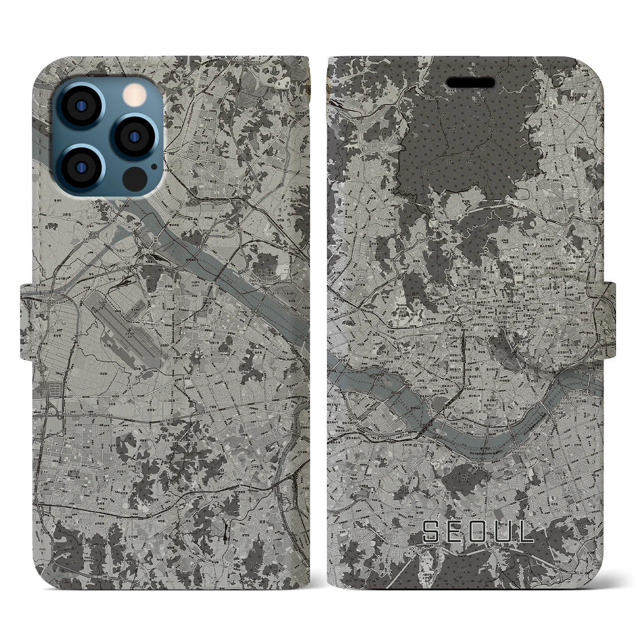 【ソウル(韓国)】地図柄iPhoneケース(手帳タイプ)モノトーン・iPhone 12 / 12 Pro 用