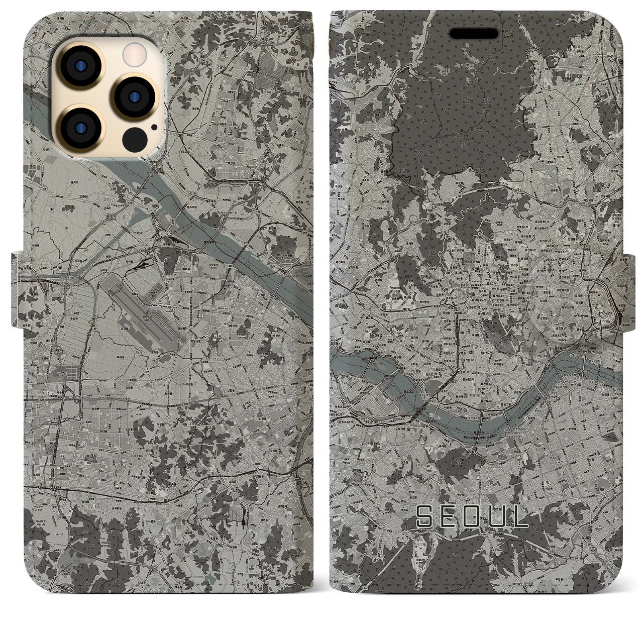 【ソウル(韓国)】地図柄iPhoneケース(手帳タイプ)モノトーン・iPhone 12 Pro Max 用