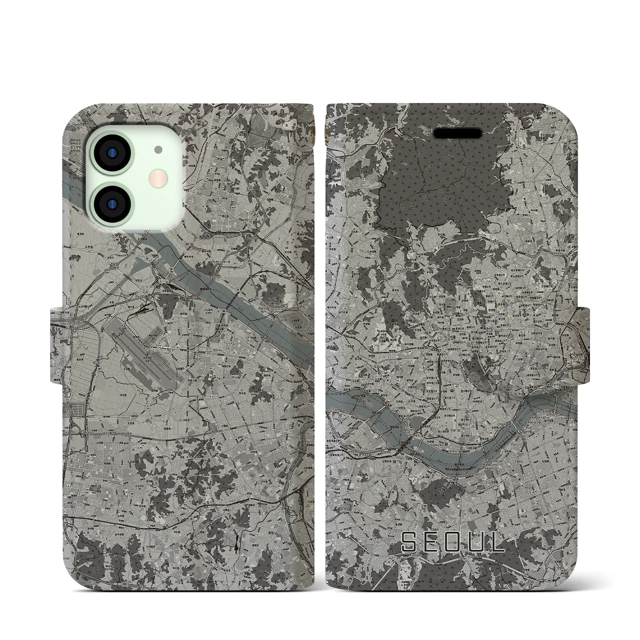【ソウル(韓国)】地図柄iPhoneケース(手帳タイプ)モノトーン・iPhone 12 mini 用