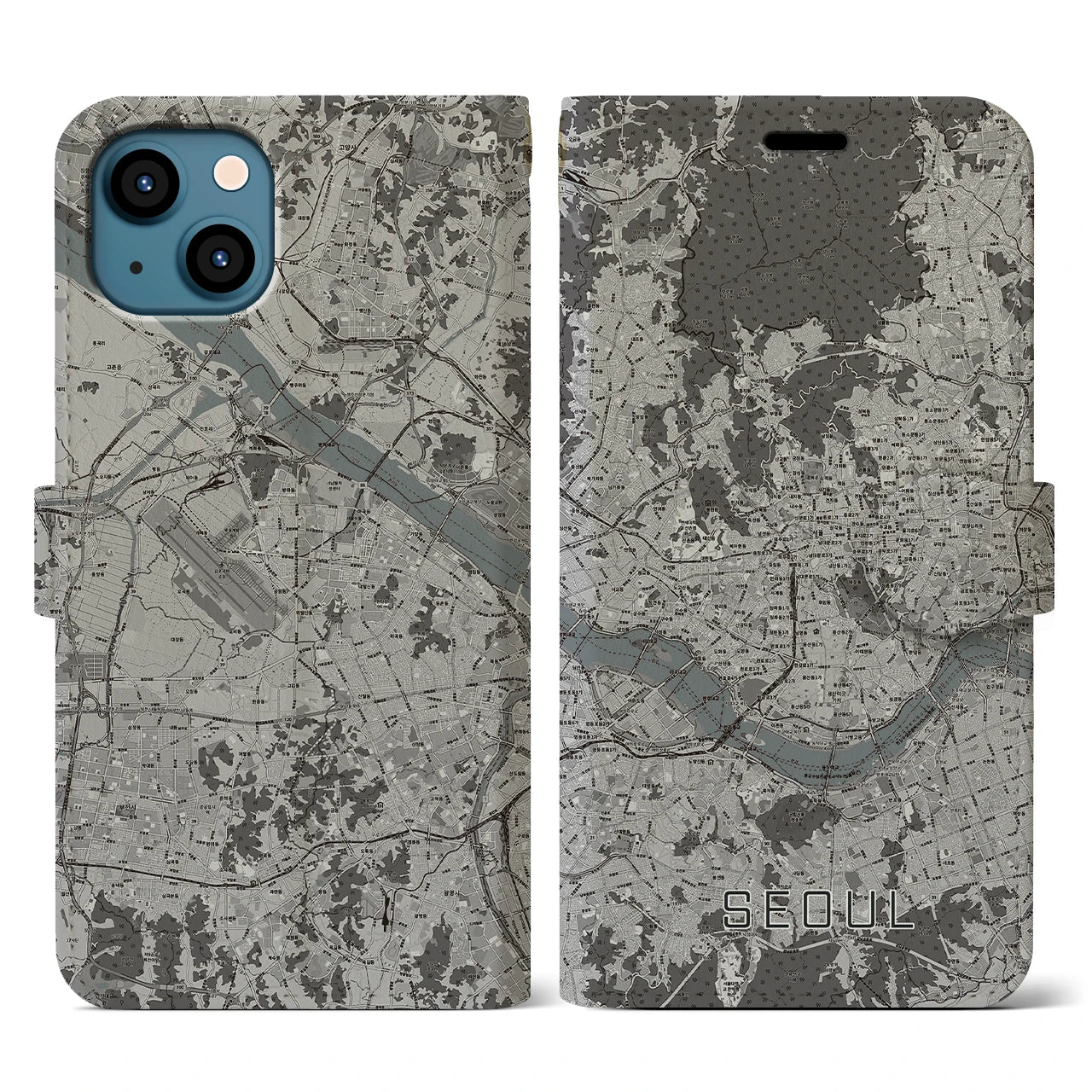 【ソウル(韓国)】地図柄iPhoneケース(手帳タイプ)モノトーン・iPhone 13 用
