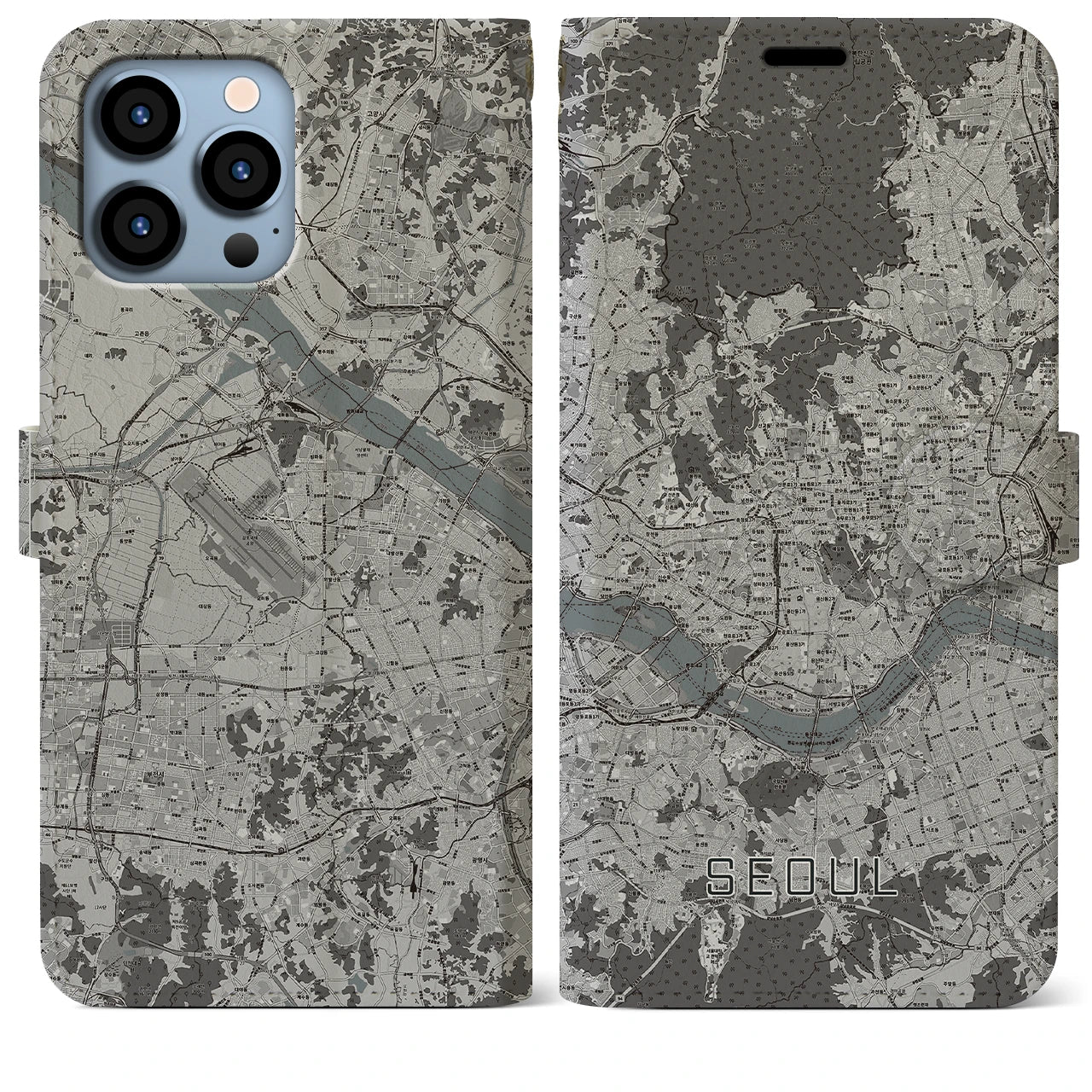 【ソウル(韓国)】地図柄iPhoneケース(手帳タイプ)モノトーン・iPhone 13 Pro Max 用