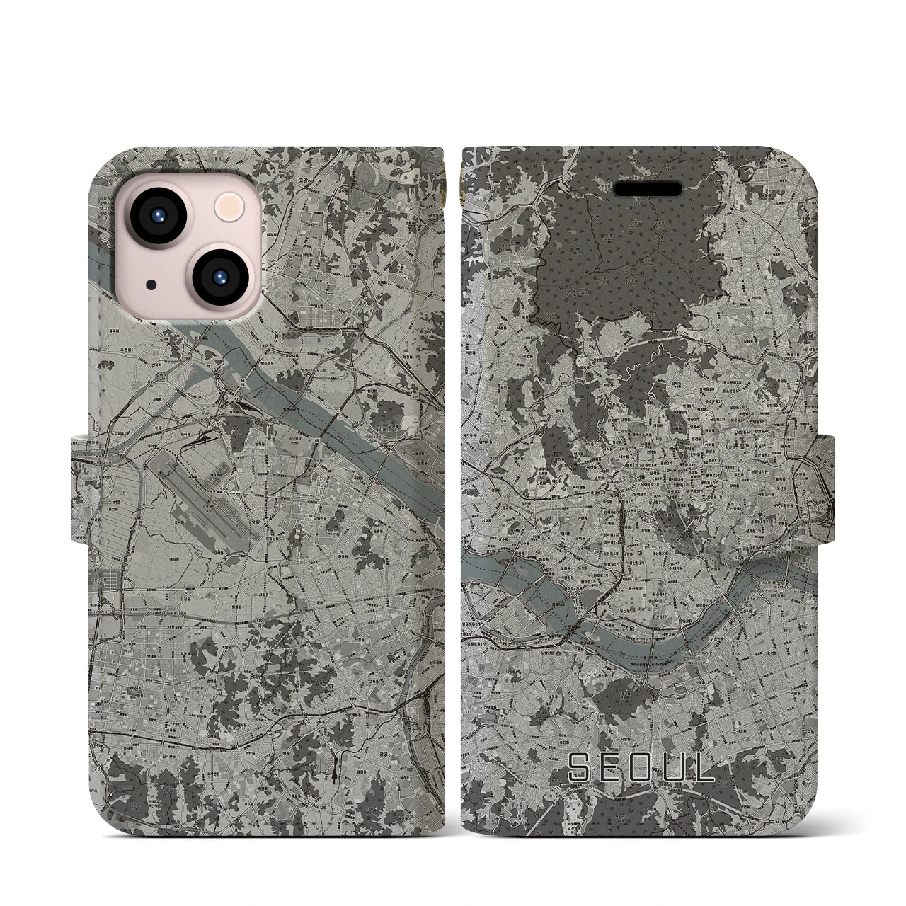 【ソウル(韓国)】地図柄iPhoneケース(手帳タイプ)モノトーン・iPhone 13 mini 用