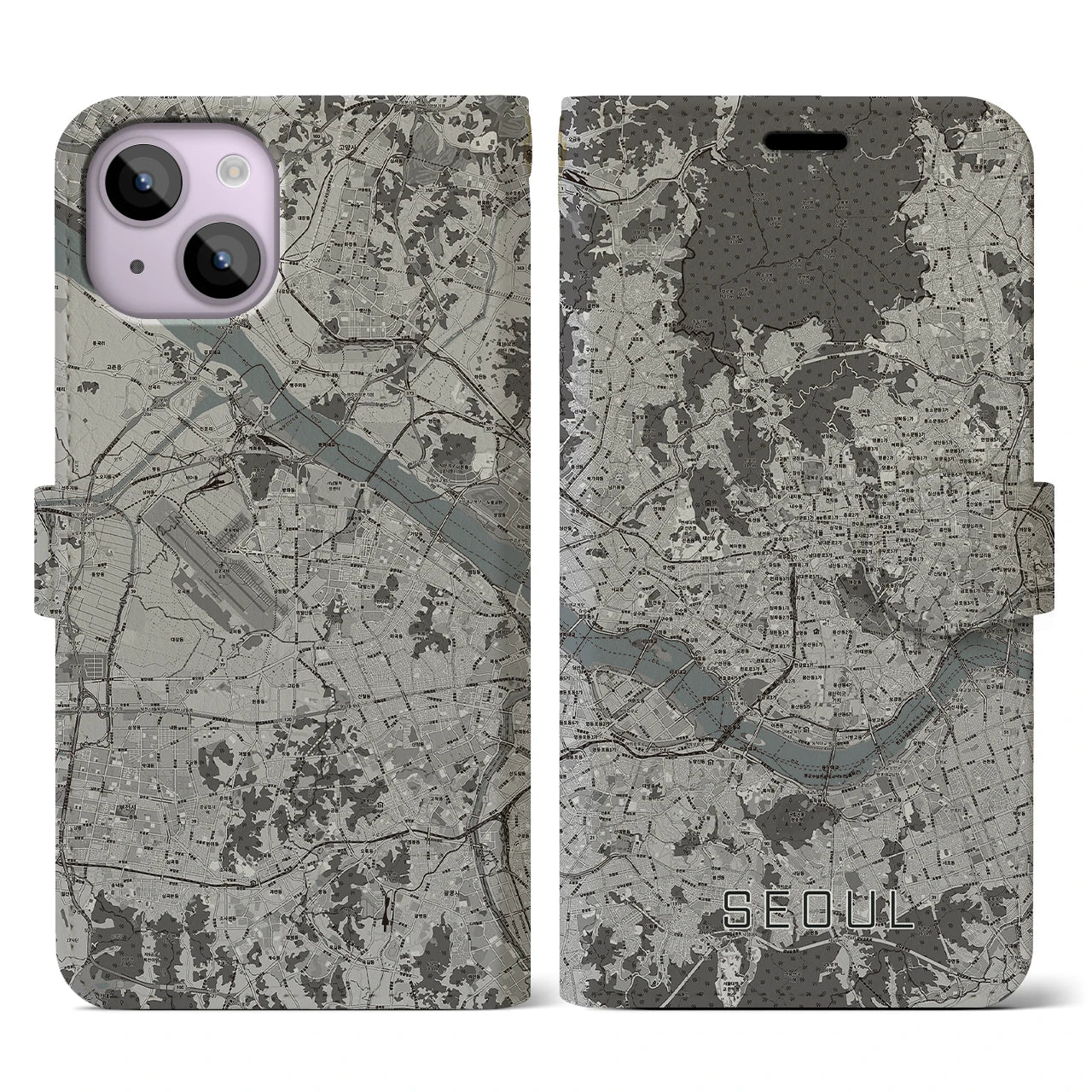 【ソウル(韓国)】地図柄iPhoneケース(手帳タイプ)モノトーン・iPhone 14 用